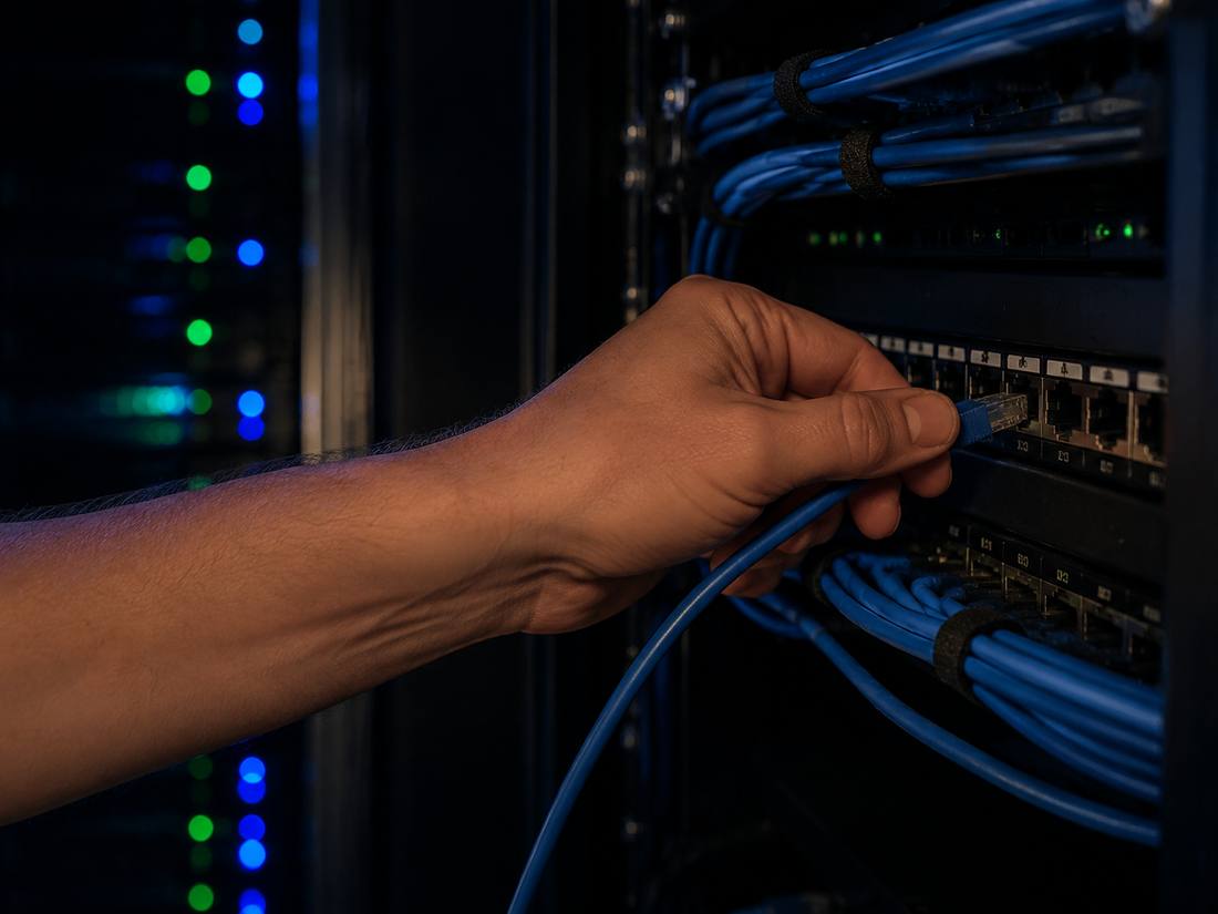 ネットワークラックのパッチパネルにLANケーブルを接続している作業者の手元